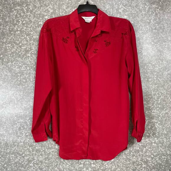 Susan Hutton Vintage 1980s Women's Red Floral Button Up Blouse - Size 10 - Retro - Picture 1 of 6